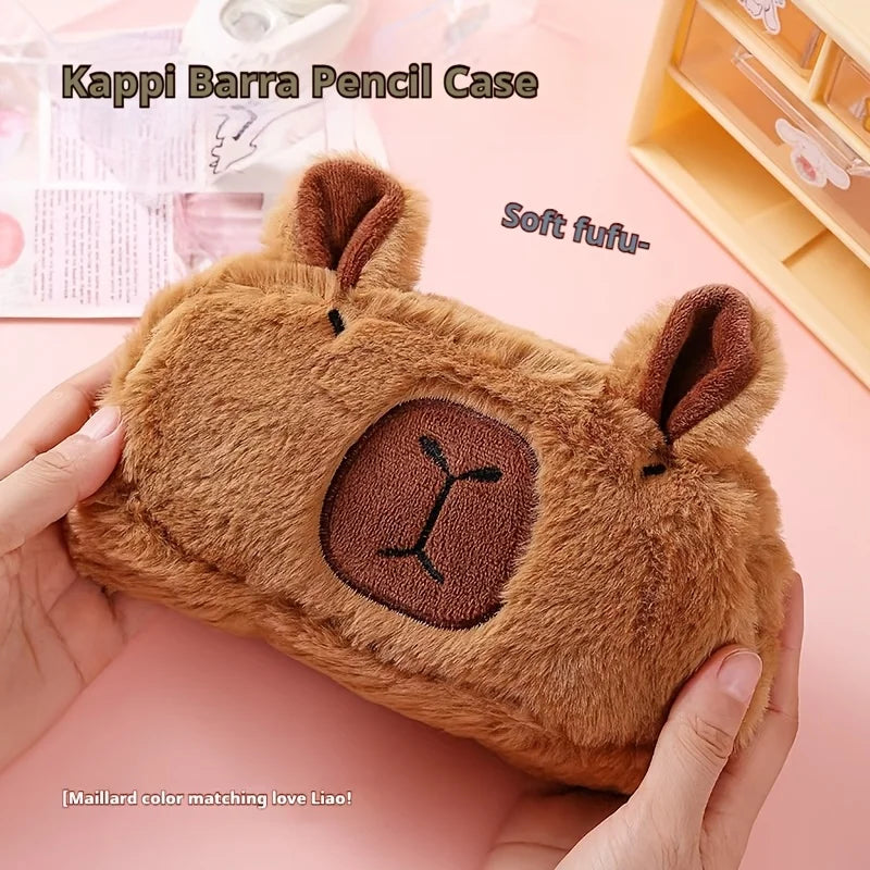 Cute Cartoon Capybara Large Capacity Plush Pencil Case, Makeup Brush Storage Bag, Office Stationery Organizer Pouch
