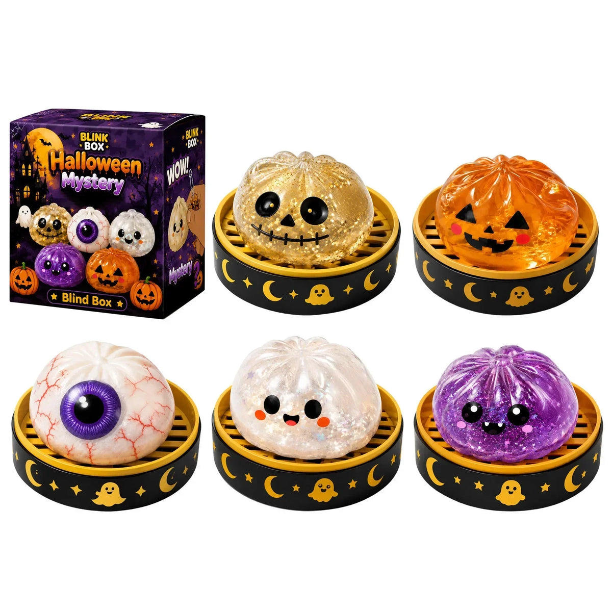 Halloween Dumpling Blind Box Stress Relief Sensory Fidget for Party Mystery Horror Dumplings with Steamer Anxiety Relief Gifts