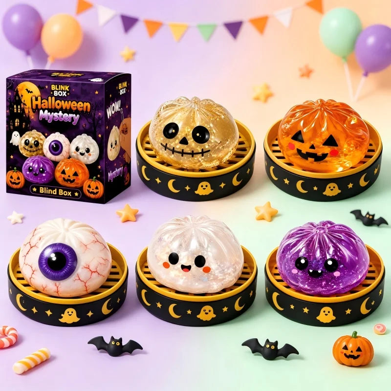Halloween Dumpling Blind Box Stress Relief Sensory Fidget for Party Mystery Horror Dumplings with Steamer Anxiety Relief Gifts