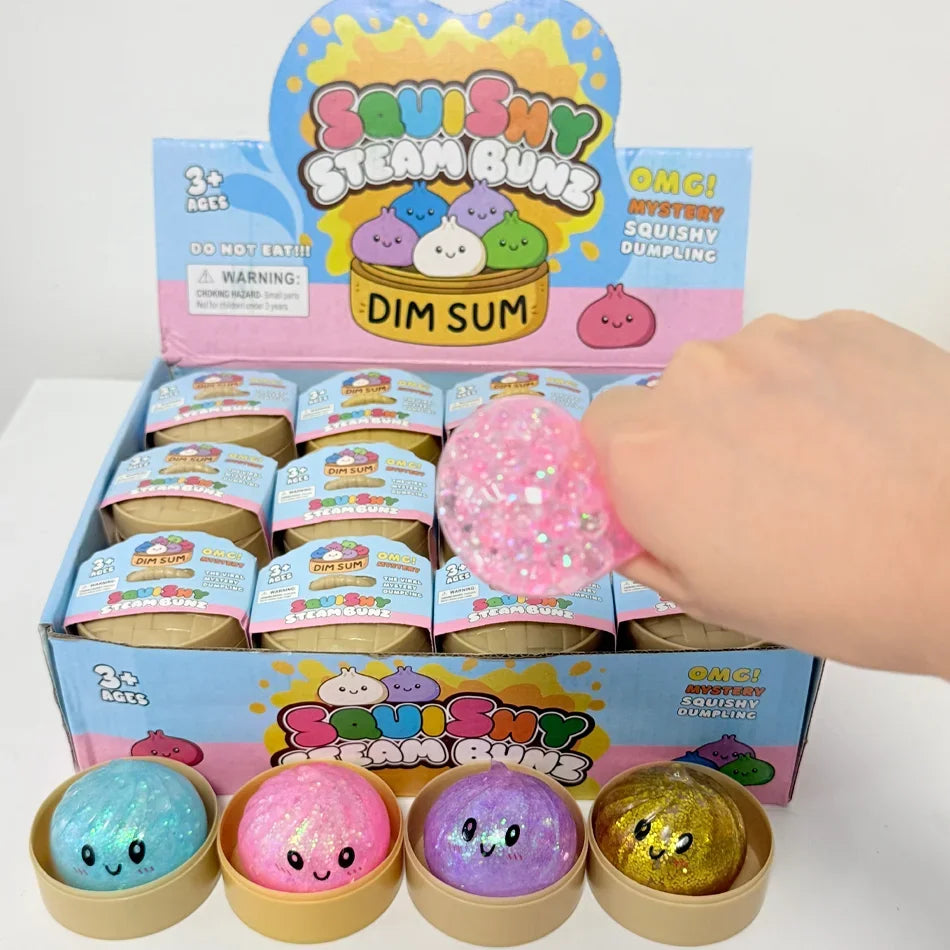 Glitter Dumpling Squishy with Box Dumplings Sensory Steamer Soft TPR Dough Ball for Decompression Fidget Toy Stress Relief Gift
