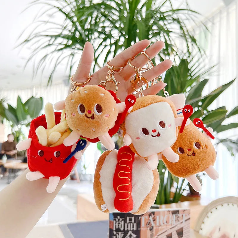5 PCs Set Creative New French Fries Burger Hanging Bag Couple Plush Hanging Decoration Girl Heart Car Keychain Little Doll