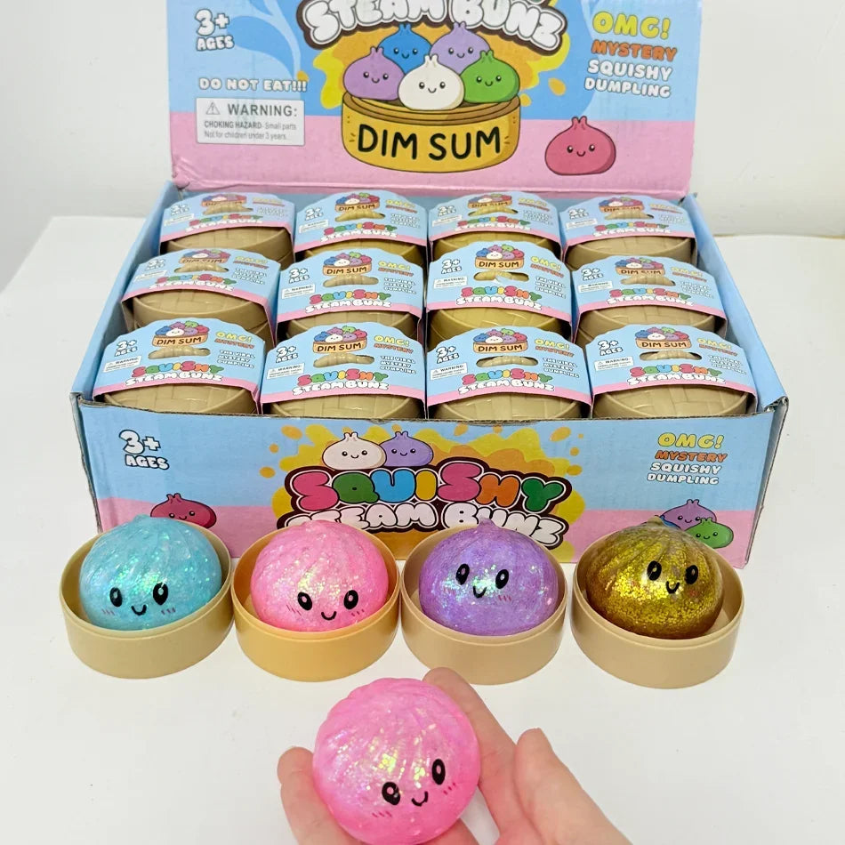 Glitter Dumpling Squishy with Box Dumplings Sensory Steamer Soft TPR Dough Ball for Decompression Fidget Toy Stress Relief Gift