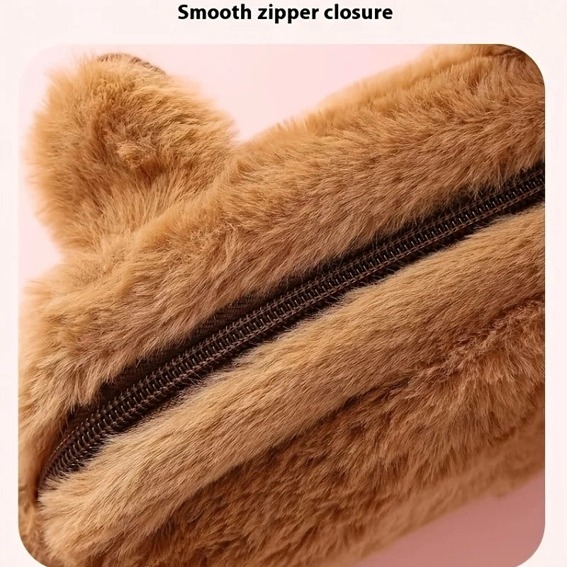 Cute Cartoon Capybara Large Capacity Plush Pencil Case, Makeup Brush Storage Bag, Office Stationery Organizer Pouch