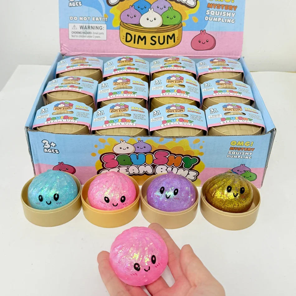Glitter Dumpling Squishy with Box Dumplings Sensory Steamer Soft TPR Dough Ball for Decompression Fidget Toy Stress Relief Gift