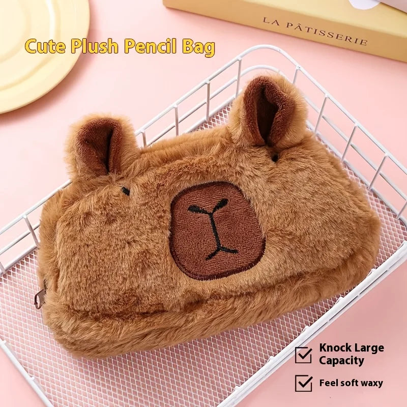 Cute Cartoon Capybara Large Capacity Plush Pencil Case, Makeup Brush Storage Bag, Office Stationery Organizer Pouch