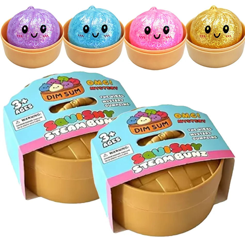 Glitter Dumpling Squishy with Box Dumplings Sensory Steamer Soft TPR Dough Ball for Decompression Fidget Toy Stress Relief Gift