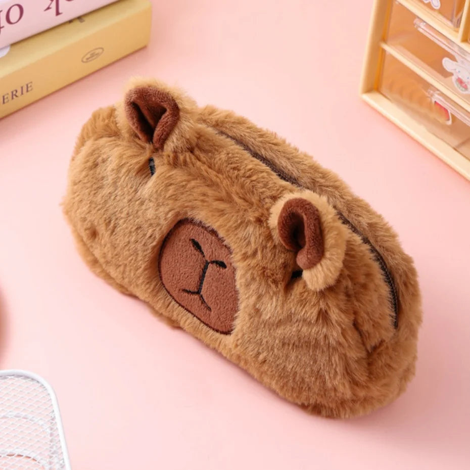 Cute Cartoon Capybara Large Capacity Plush Pencil Case, Makeup Brush Storage Bag, Office Stationery Organizer Pouch