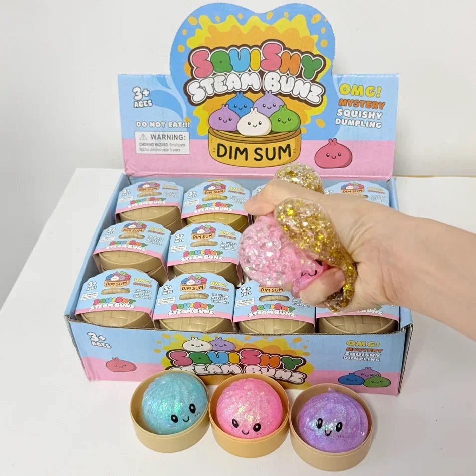 Glitter Dumpling Squishy with Box Dumplings Sensory Steamer Soft TPR Dough Ball for Decompression Fidget Toy Stress Relief Gift