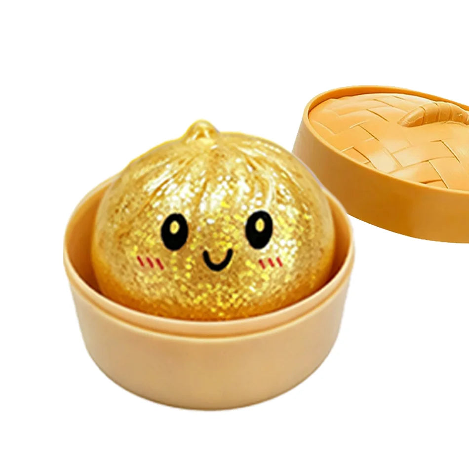 Glitter Dumpling Squishy with Box Dumplings Sensory Steamer Soft TPR Dough Ball for Decompression Fidget Toy Stress Relief Gift