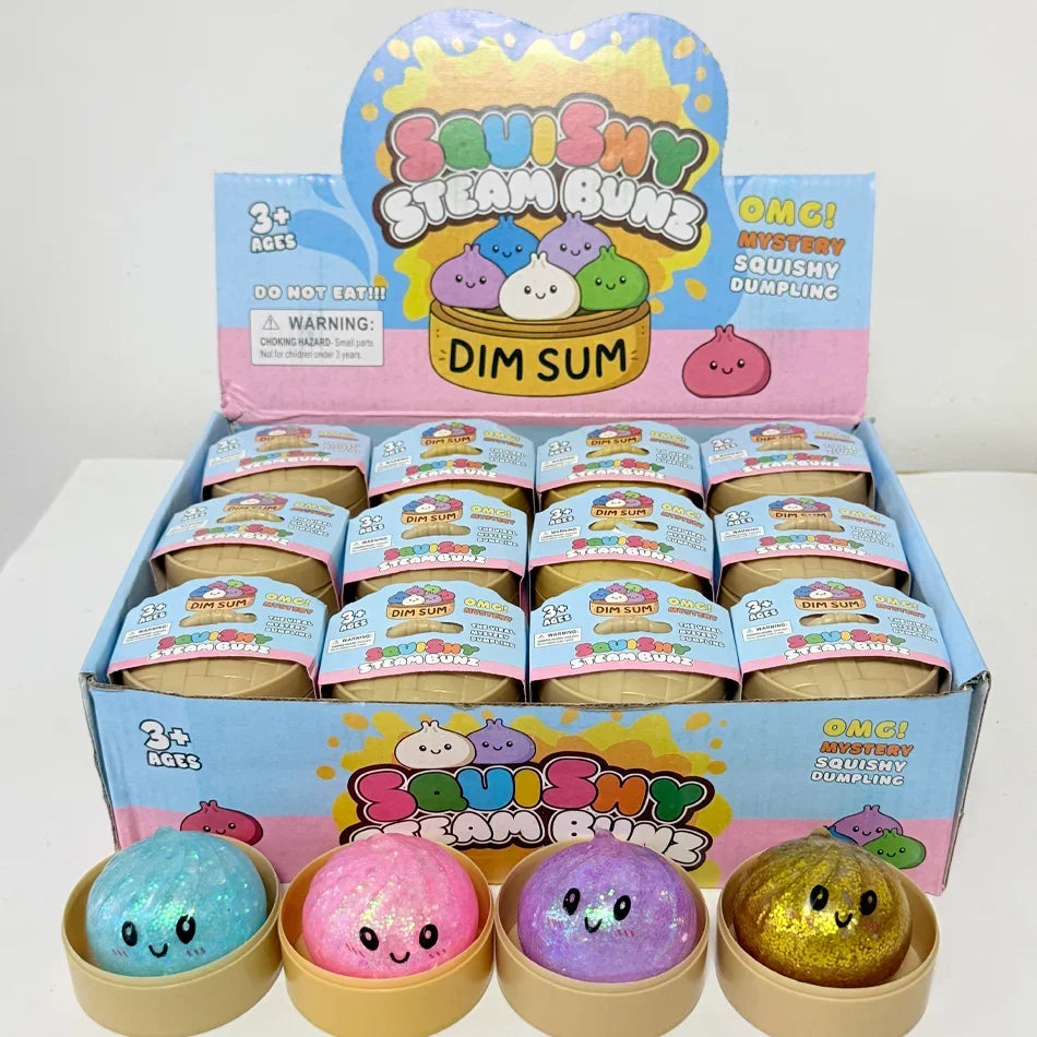 Glitter Dumpling Squishy with Box Dumplings Sensory Steamer Soft TPR Dough Ball for Decompression Fidget Toy Stress Relief Gift