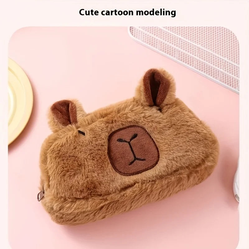 Cute Cartoon Capybara Large Capacity Plush Pencil Case, Makeup Brush Storage Bag, Office Stationery Organizer Pouch
