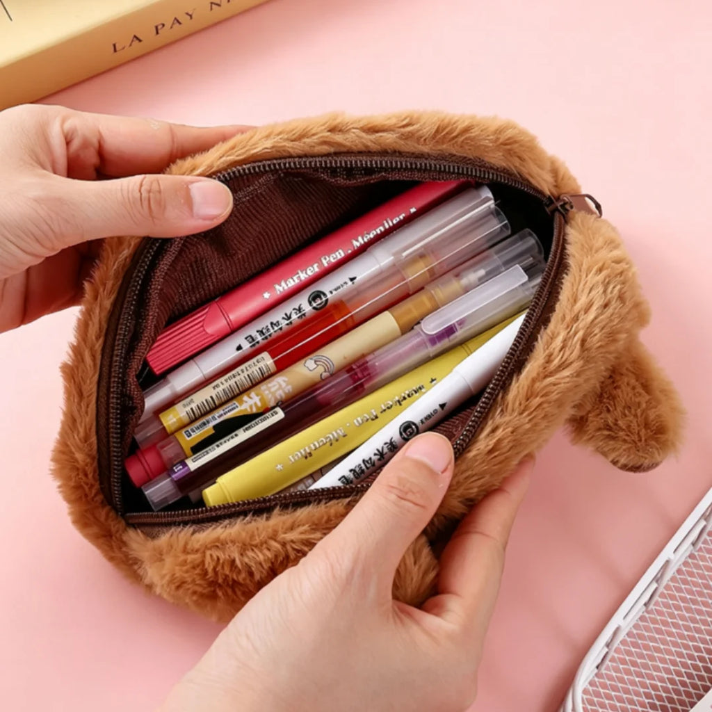 Cute Cartoon Capybara Large Capacity Plush Pencil Case, Makeup Brush Storage Bag, Office Stationery Organizer Pouch