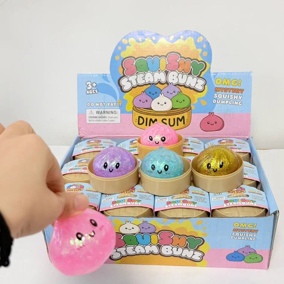 Glitter Dumpling Squishy with Box Dumplings Sensory Steamer Soft TPR Dough Ball for Decompression Fidget Toy Stress Relief Gift